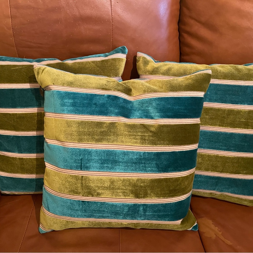 Pier 1 Green and Blue Accent Pillow with Striking Stripes, 17” square. - Picture 4 of 6